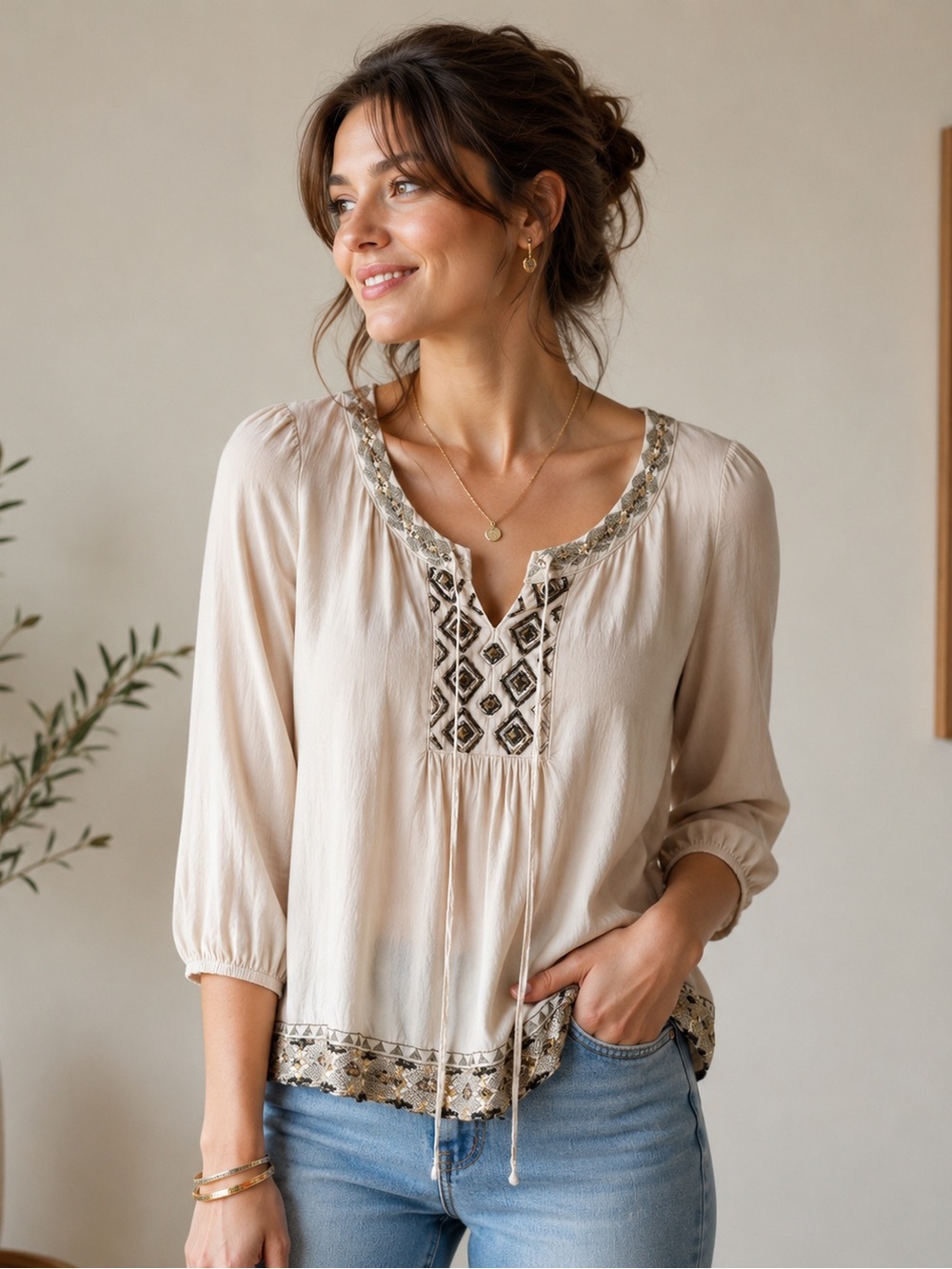 Lady Dutch Taupe Beaded Peasant Blouse 3/4 Sleeve Women's Small -Boho Festival